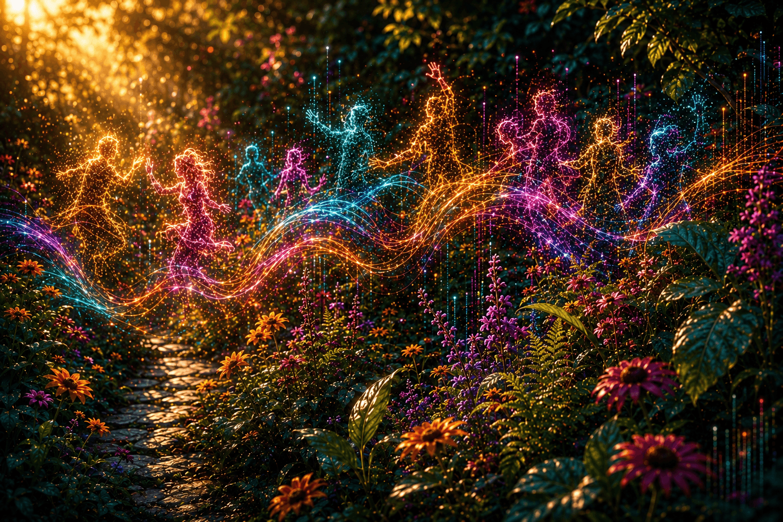 Glowing figures moving along colourful routes through an electric garden, representing different routes through the ADHD waiting period.