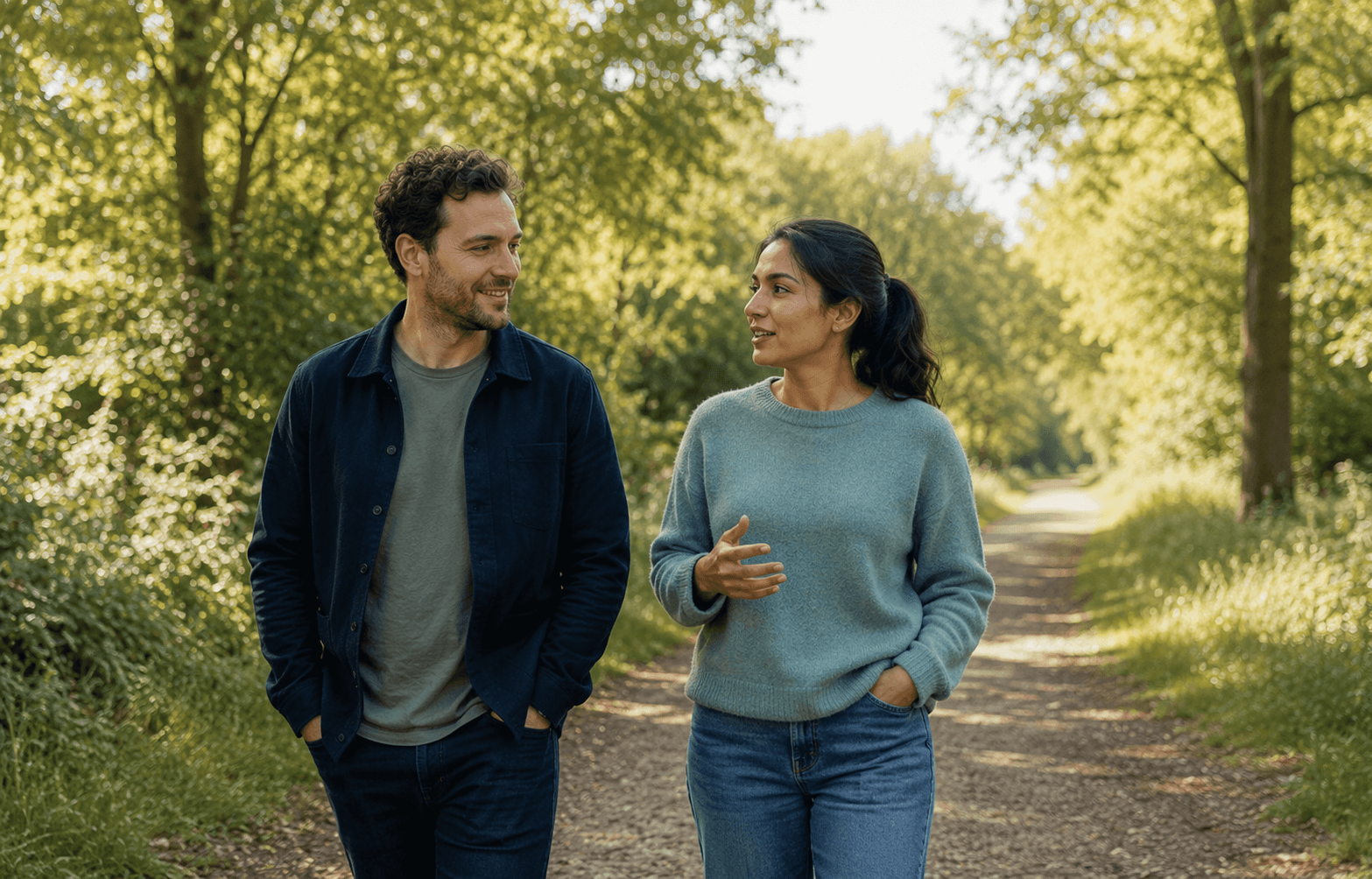 Two adults walking on a peaceful green path, representing calm ADHD support while waiting for assessment.