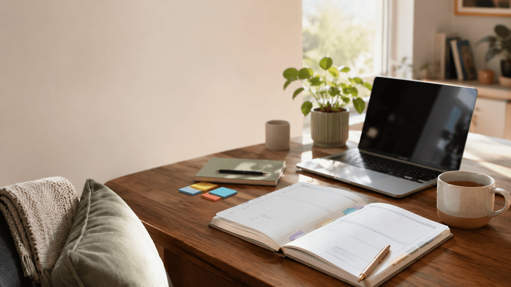 Calm workspace with notebook, laptop, sticky notes, plant and mug representing structured ADHD medication review preparation.