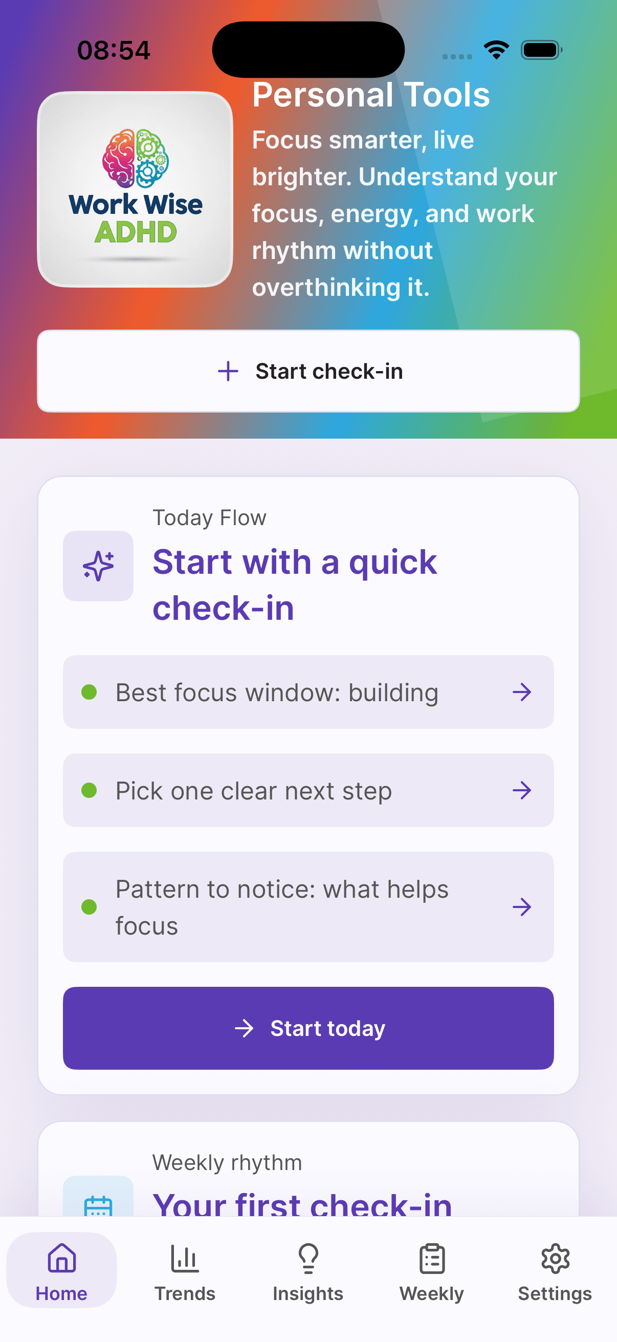 FocusFlow ADHD app home screen showing personal tools and workday check-in