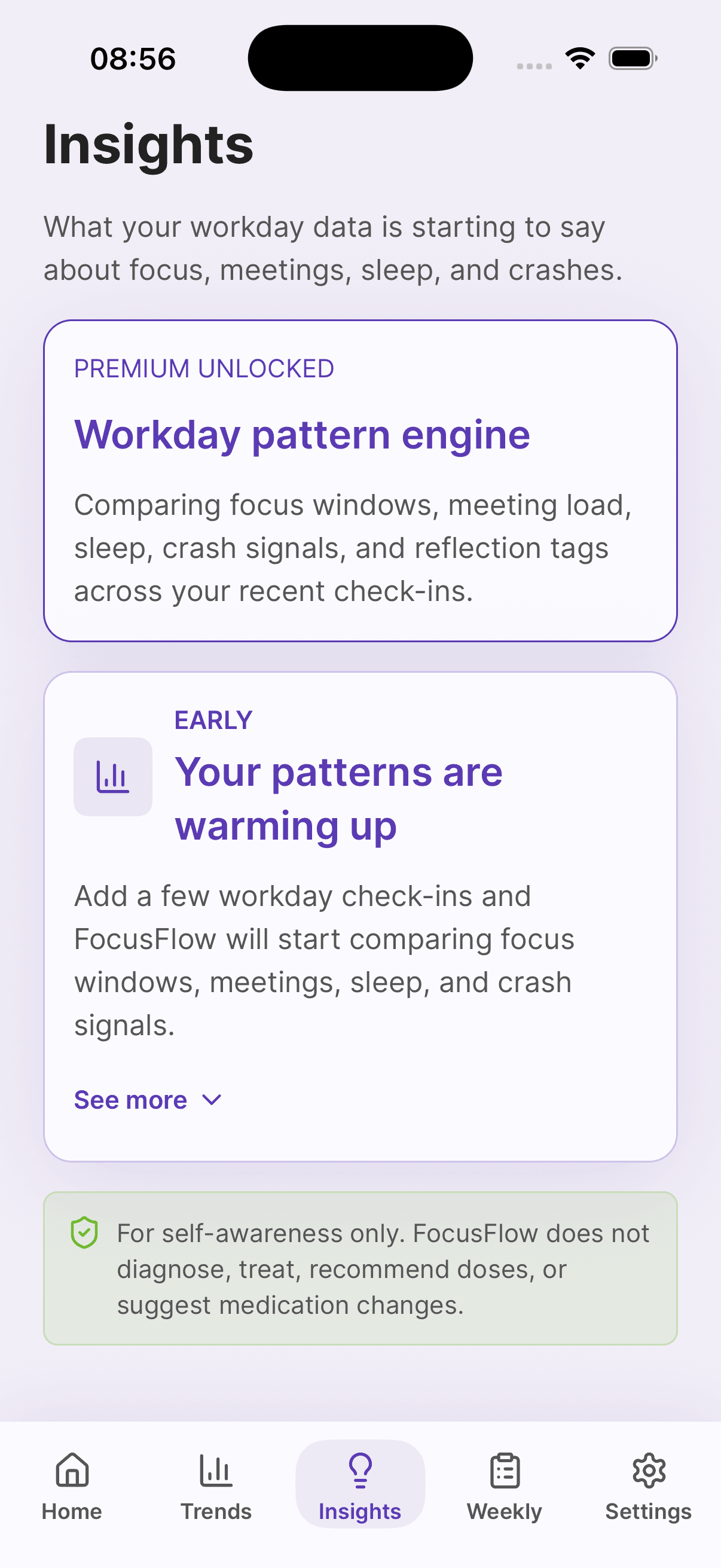FocusFlow insights screen showing workday pattern engine