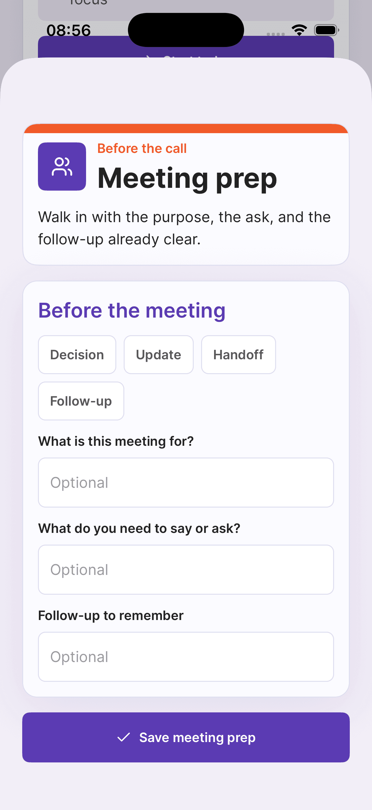 FocusFlow meeting prep screen with fields for purpose and follow-up