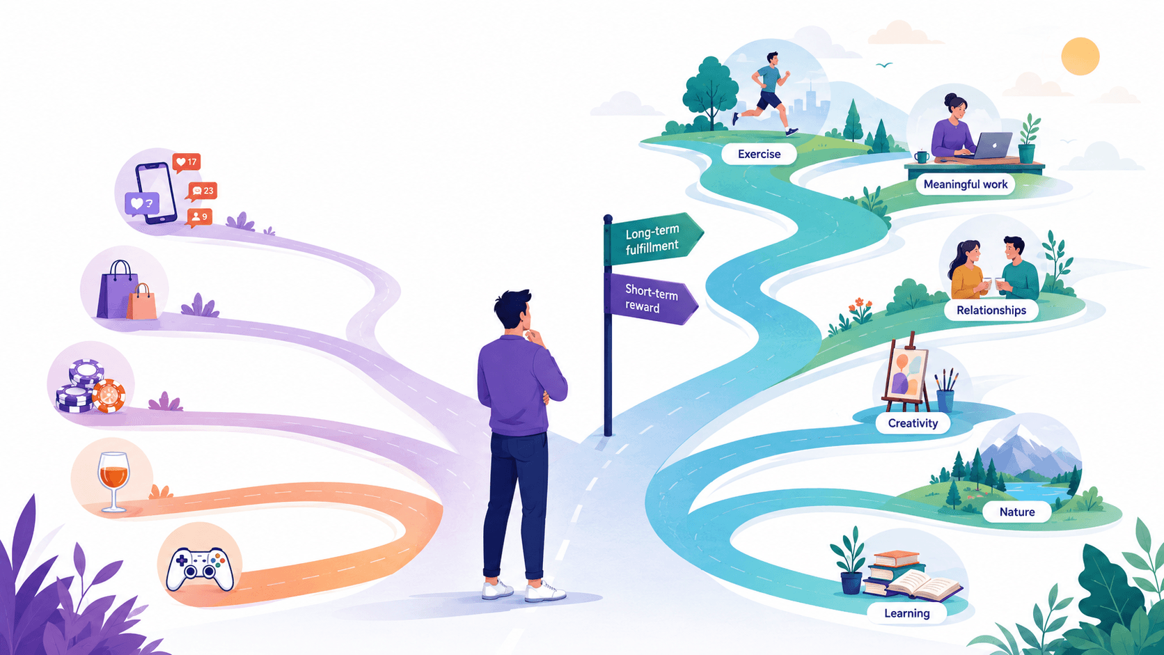 Illustration of a person choosing between short-term reward paths and longer-term fulfilment paths