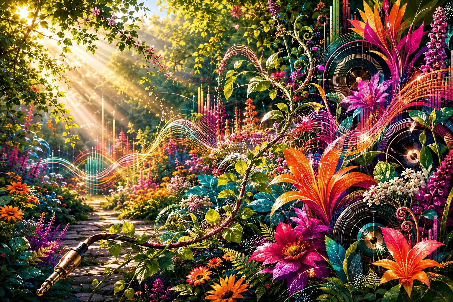 The Electric Garden artwork with vivid flowers, soundwaves and bright energy.