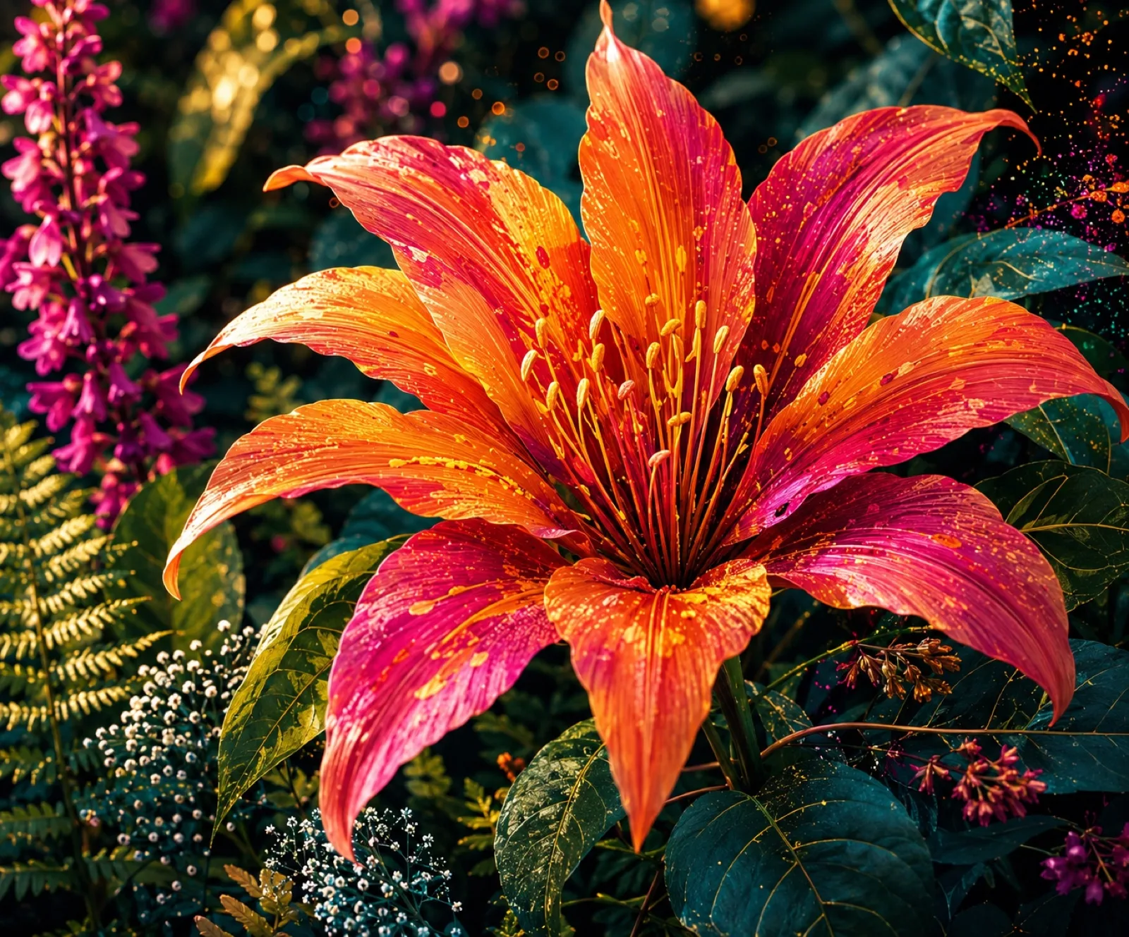 Bright wildflowers branching through abstract soundwaves, sparks and colourful shapes.