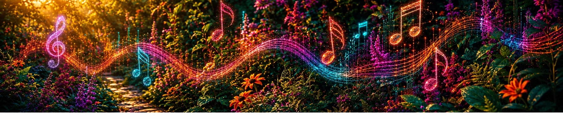 A wide Electric Garden banner with glowing music notes, soundwaves, flowers and a garden path.