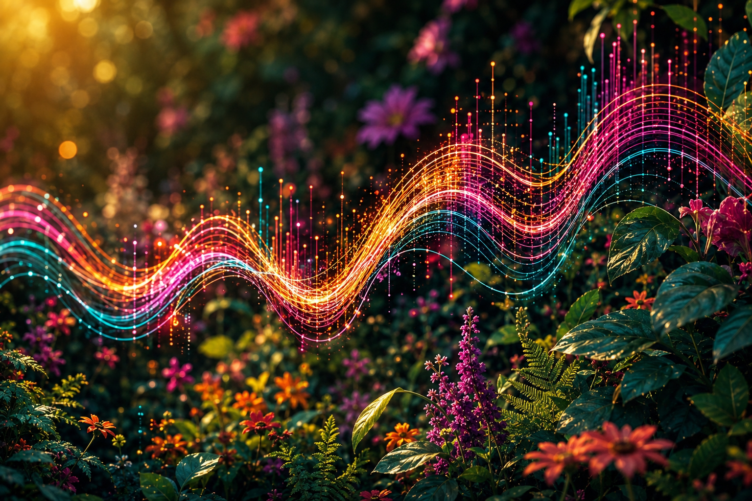Colourful sound waves flowing through an Electric Garden.