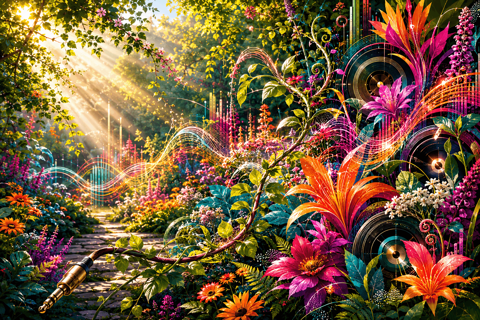 A vivid electric garden where wildflowers, vines, soundwaves and speaker-like forms grow together in sunlight.