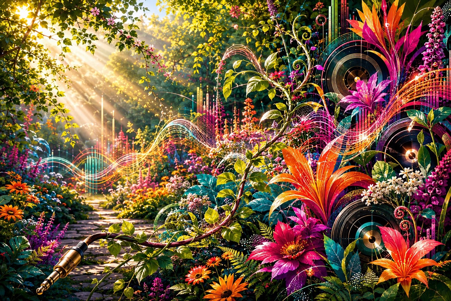 Electric garden illustration combining wildflowers, climbing plants and abstract sound waves.
