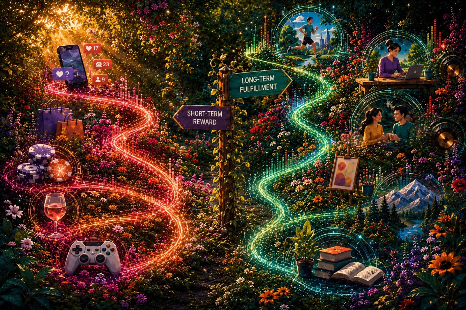 An electric garden signpost showing short-term reward and long-term fulfilment paths, representing ADHD reward seeking and recovery.