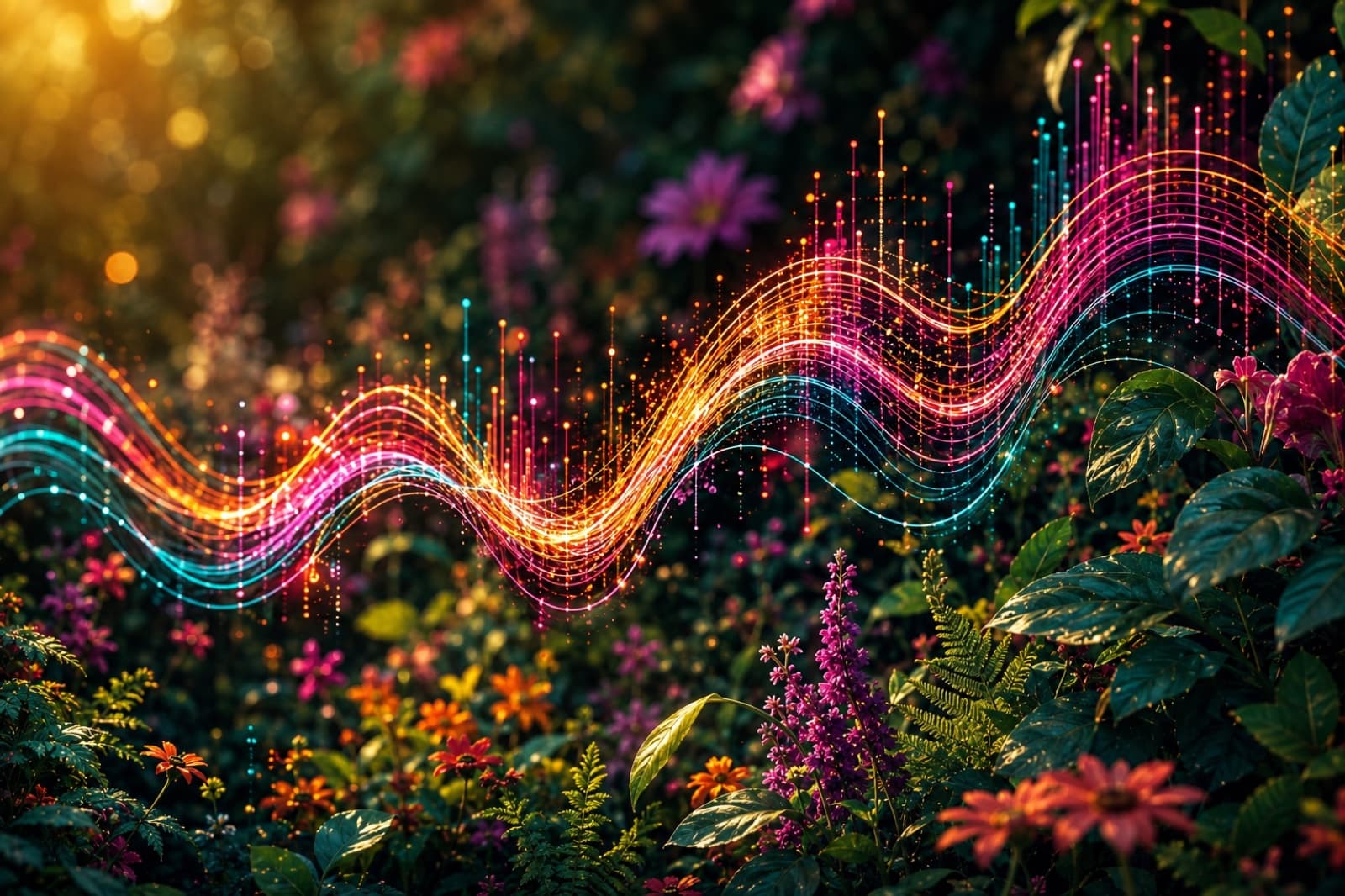 Colourful soundwaves flowing through an electric garden, representing direction and momentum while waiting for ADHD support.
