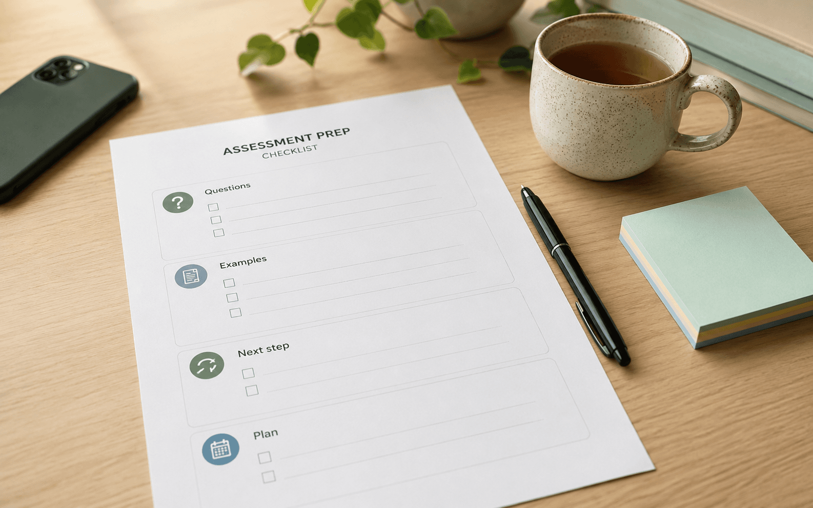 ADHD assessment preparation checklist on a desk with tea, pen and sticky notes.