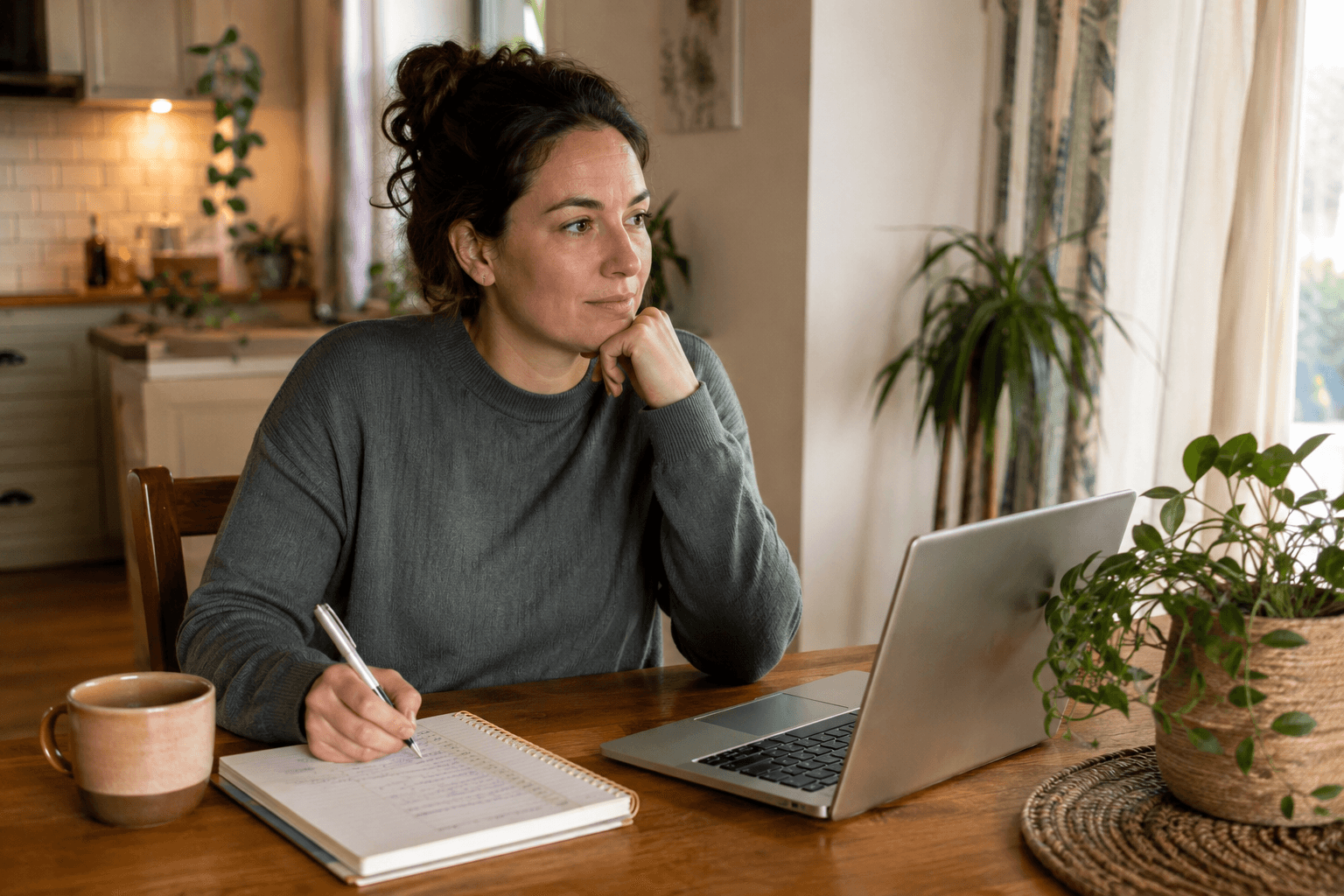 Adult writing notes beside a laptop at home while preparing for ADHD assessment.