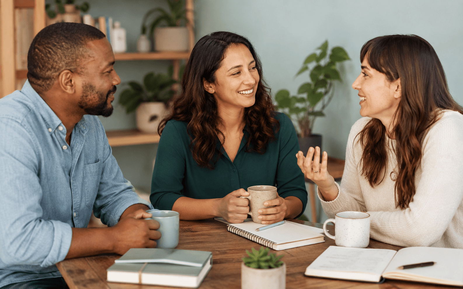 Three adults talking over coffee in a calm room, representing supportive adult ADHD education.